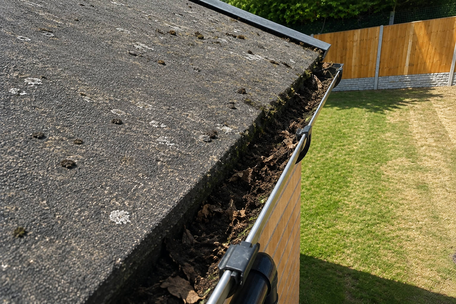 Before ground-based gutter cleaning — the debris condition inside a Birmingham gutter that a DIY ladder clear would attempt to remove
